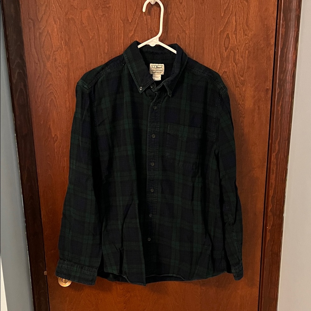 L.L. Bean Dark Green and Navy Plaid Flannel Shirt